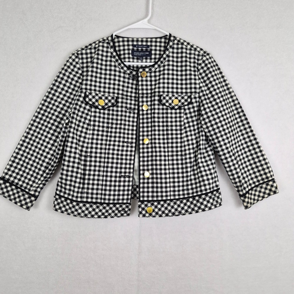 Preppy Gingham Jacket Black White Gold Button Petite Medium Capsule Career Corp